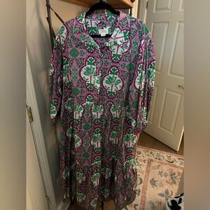 Anthropologie Pink and Green Long Sleeve Bettina Dress